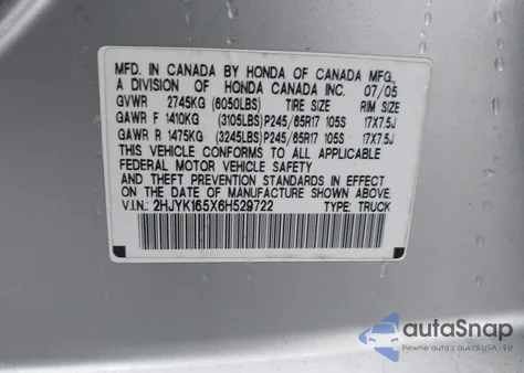 2006 Honda Ridgeline Rtl z USA, uszkodzony, nr VIN 2HJYK165X6H529722